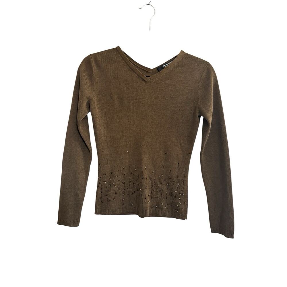 Emanuel Ungaro Small Petite Vintage Hong Kong Brown Beaded Vneck Back Top #6909